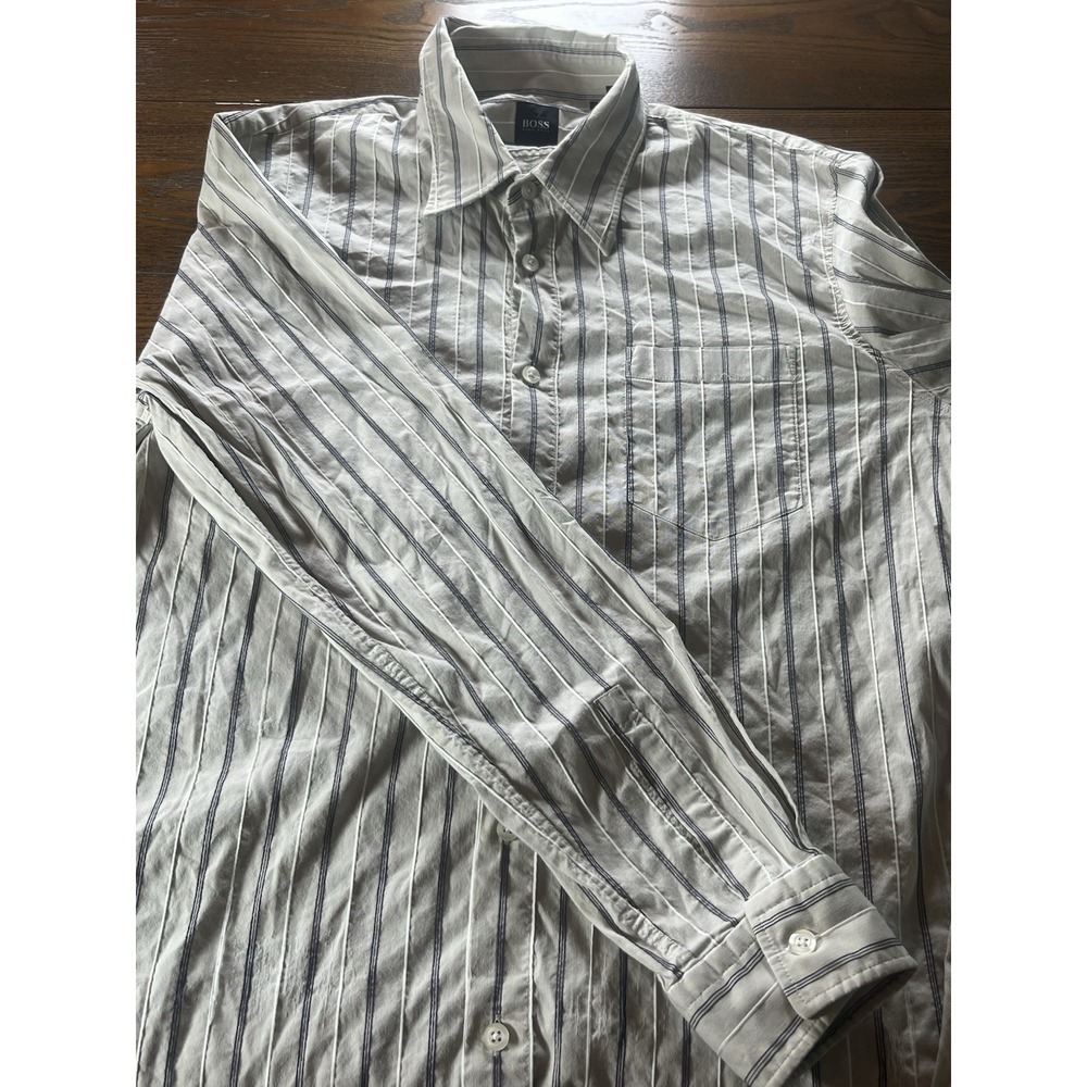 Boss Hugo Boss Shirt Men Large Beige Striped Long Sleeve Dress Classic